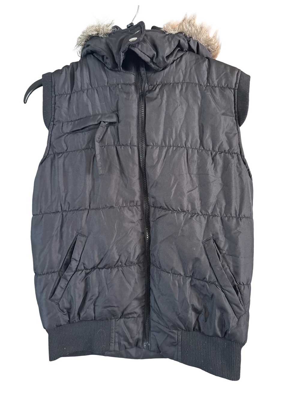 Kids Black Puffer Vest with Faux Fur Hood